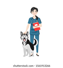 Happy dog next to the vet. The husky breed. In the hands of the veterinarian's medical record of a patient. The concept of treatment of Pets. Veterinary professional consultation.