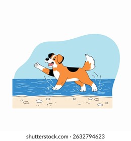 A happy dog with orange and black fur is running and splashing in the water at the beach on a sunny day. Cartoon style illustration.
