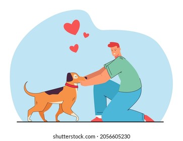 Happy dog owner cartoon character petting puppy. Man and cute doggy flat vector illustration. Pets, domestic animals, love, care, friendship concept for banner, website design or landing web page