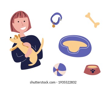 happy dog owner with dogs items. flat simple illustration. cartoon drawing