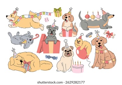 Animais de estimação de cachorro feliz mão desenhado personagens de doodle parabenizando com festa de aniversário bonito conjunto