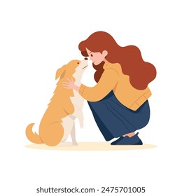 Persona feliz del perro y de la muchacha. Lindo personaje amigo estilo de dibujos animados. Día del Perro, Día Mundial del Animal. Ilustración vectorial aislada en blanco. 