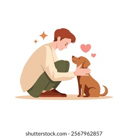 Happy dog pet and a young man person.The owner with his beloved pet. Cute character friend cartoon style. Dog Day, World Animal Day. Vector illustration isolated on white.