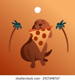 Happy dog with a piece of pizza on the background of decorative palm trees, under the sun. Modern illustration for brochures and flyers, holidays with a pet in warm countries.