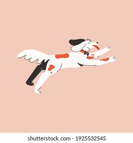 Perro feliz jugando al aire libre. Un cachorro lindo corriendo y saltando pegando la lengua aislada en el fondo blanco. Ilustración de carácter vector del cuidado de los animales, formación de mascotas domésticas, concepto veterinario