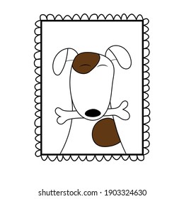 Feliz retrato de perro con hueso en un marco lindo. Ilustración simple de contorno vectorial en fondo blanco