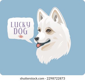 Happy dog, portrait of a joyful puppy, white color, (presumably a spitz breed) vector illustration.