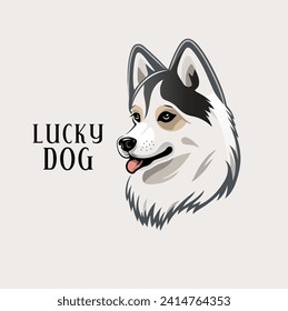 Happy dog, portrait of a joyful puppy, (presumably a spitz breed), in graphic style, vector illustration.