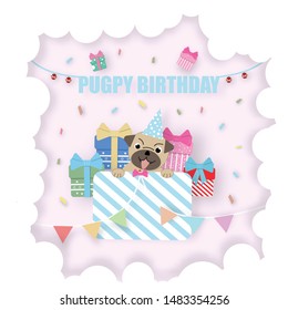 Happy dog pug celebrating with gift box in Happy Birthday Party funny and cheerful emotional,Vector Dog Happy Birthday Concept