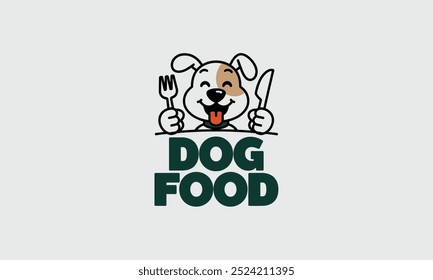 Happy dog ready to eat with a fork and knife in hand