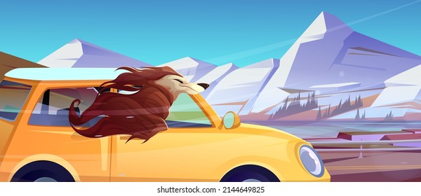 Happy dog rides in car with head out in open window. Vector cartoon illustration of afghan hound travel in vehicle, joy of wind of speed driving. Mountain landscape with road and auto with dog