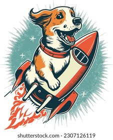 Happy Dog Riding A rocket a retro tshirt