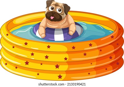 A Happy dog with rubber ring in Inflatable pool on white background illustration