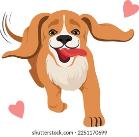 Happy dog running. Cartoon loving beagle pet