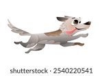 Happy dog running, doggy character design. Friendly stray dog running. Cute domestic animal character design. Vector animal cartoon illustration. Isolated clip art.