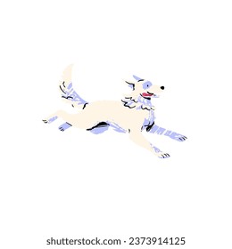 Happy dog running. Friendly puppy plays, show tongue. Fluffy pet walking. Funny animal with furry tail training. Cute doggy, pup jogging, move. Flat isolated vector illustration on white background