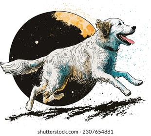 Happy dog running on the moon t shirt , Vector, illustration