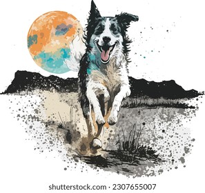 Happy dog running on the moon t shirt , Vector, illustration