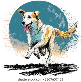 Happy dog running on the moon t shirt , Vector, illustration