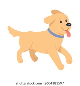 Happy dog runs. Adorable doggy with collar rush. Cute puppy shows tongue on the go.  vector illustration on white background
