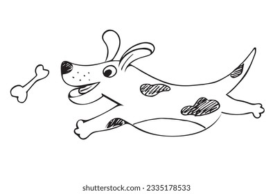 Happy dog runs after the bone. Hand drawn funny puppy sketch on white background. Cartoon dog. Outline illustration.