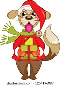 Happy Dog Santa Holding Christmas Gifts. Cute Cartoon Animal on White Background.