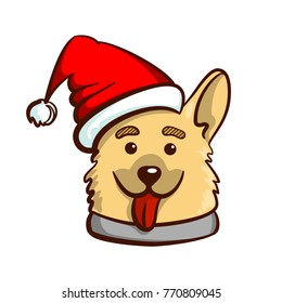 Happy dog in santas hat isolated on white background. Vector illustration