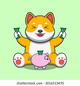 Happy Dog Save Money at Piggy Bank Cartoon Vector Icon Illustration. Animal Theme With Good Lifestyle. Good for a mascot, emoticons, icon, sticker.