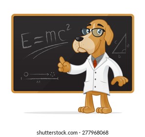 Happy Dog Scientist Mascot Standing In Front Of Blackboard With Formulas. Vector EPS10 Layered File.