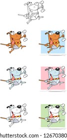 Happy Dog With Shovel and Bone Cartoon Mascot Characters-Vector Collection