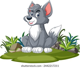 A happy dog sitting among green plants.