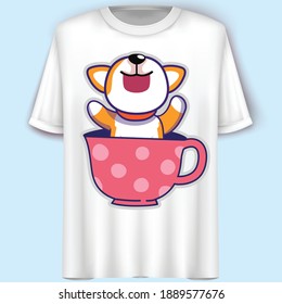 Happy Dog Sitting Inside Cup. Cartoon Character. Vector Illustration. T-Shirt Design.