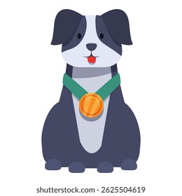 Happy dog sitting wearing a gold medal and green ribbon