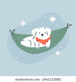 A happy dog sleeping in a hammock. Hand drawn vector illustration.