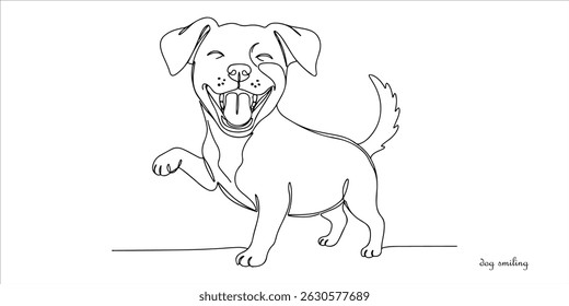 Cão feliz sorrindo e rindo contínua linha única arte desenho esboço no fundo branco	