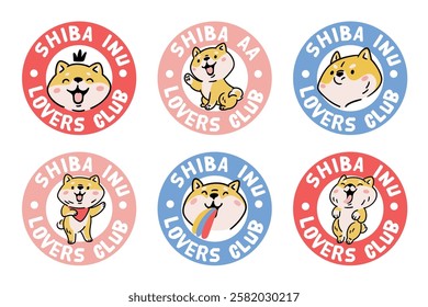 Happy dog stickers. Cute Shiba Inu labels. Funny puppy. Japanese breed. Red haired Akita. Fluffy pet. Animal love club emblem. Kawaii lettering. Zoo circle logo. Garish