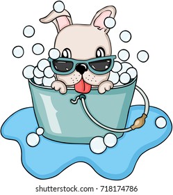 Happy dog  taking a bubble bath
