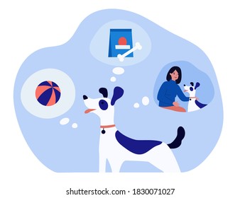Happy dog thinking about game, food and owner. Bone, life, ball flat vector illustration. Domestic animals and pets concept for banner, website design or landing web page