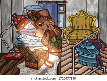 Happy dog trying on jewelry from a casket in a home interior