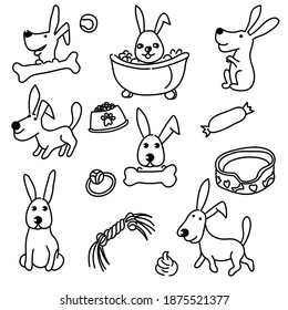 Fröhlicher Hund. Vektor süße Hundedoodle Set. Hübscher Cartoon-Welpen einzeln auf weißem Hintergrund.