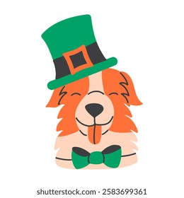 Happy dog vector illustration with leprechaun hat and bow tie,  St. Patrick's Day celebration. Cute cartoon festive animal