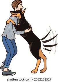 Happy dog with wagging tail hugs  owner. Doberman breed. Vector doodle.