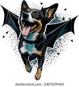 Happy Dog Wearing a batman shirt is flying t shirt, Vector, illustration