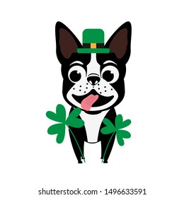 Happy dog wearing  Leprechaun Hat. Boston terrier wearing green hat. Cartoon sweet dog with clover. Vector St. Patrick's Day illustration on white background.