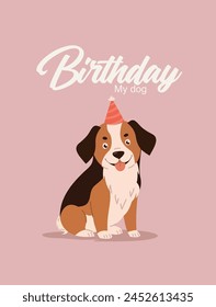 Happy  dog wearing a party hat celebrating at a birthday party.  Birthday concept. Vector illustration