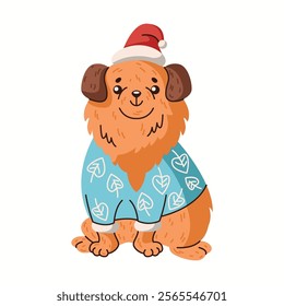 Happy dog wearing Santa hat and sweater flat color vector character. Fluffy pet in Christmas clothing sitting illustration on white background