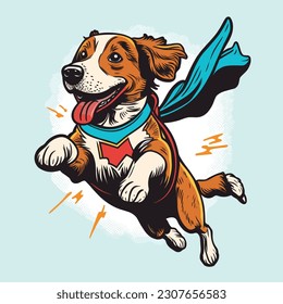 Happy dog wearing superhero clothes is flying t shirt, Vector, illustration