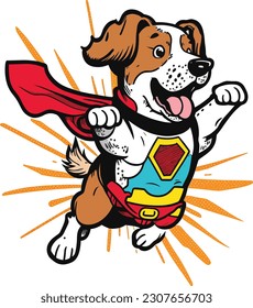 Perro feliz con ropa de superhéroe volando camiseta, Vector, ilustración