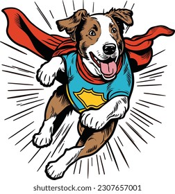 Perro feliz con ropa de superhéroe volando camiseta, Vector, ilustración