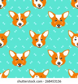 Happy dog welsh corgi orange and aquamarine vector background. Seamless pattern. 